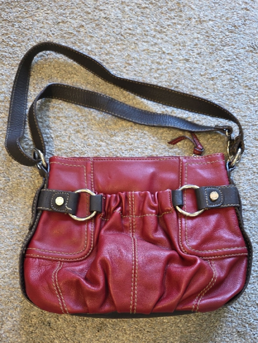 Tignanello Red Leather Shoulder Bag with Dark Brown Trim
